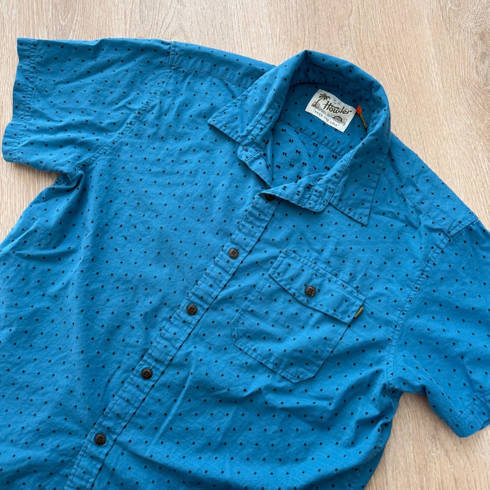 Howler Brothers SS Button Down Shirt Mens Size Medium Teal Blue Geometric AOP